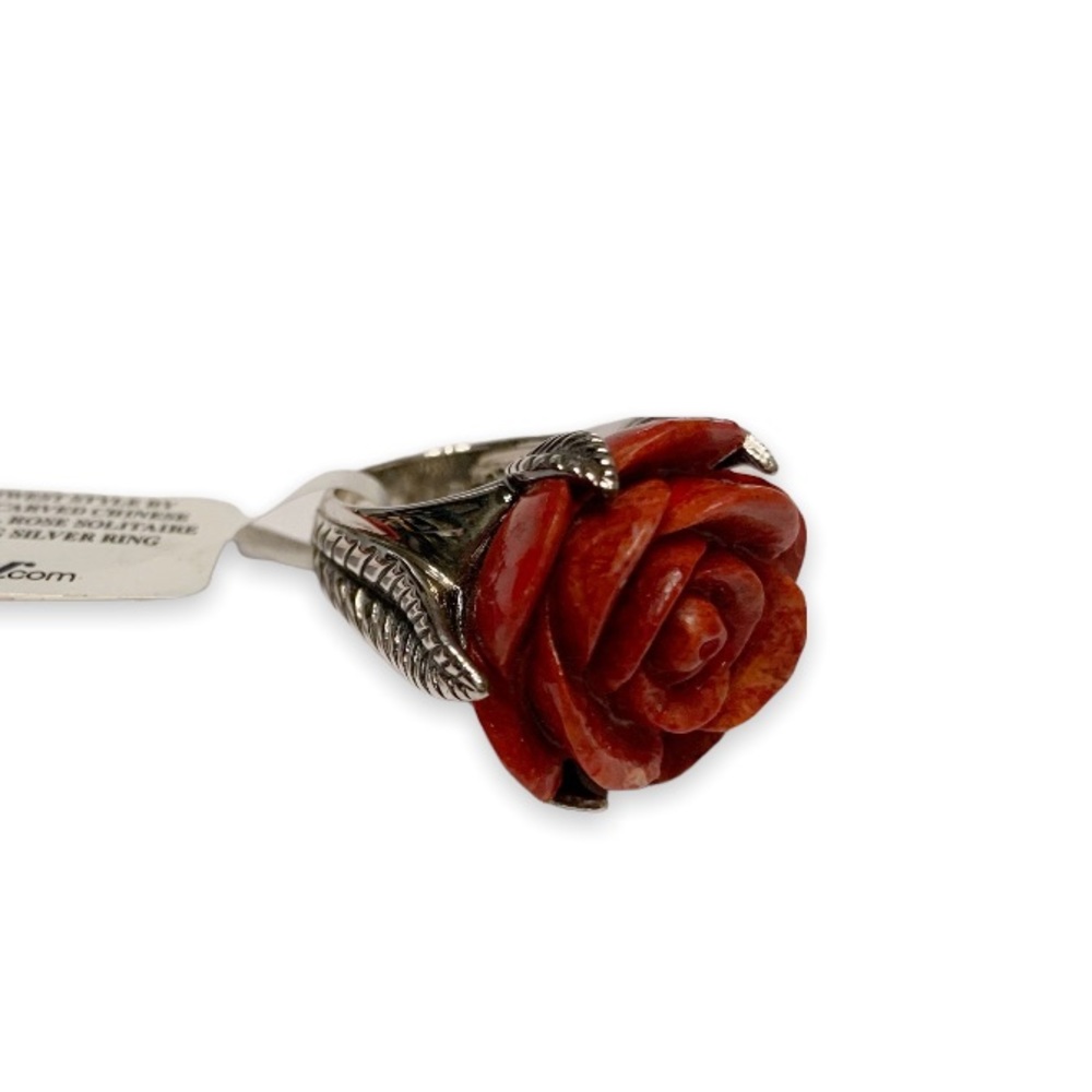 Southwest Style By JTV Carved Chinese Red Coral Rose Sterling Silver Ring Size 5